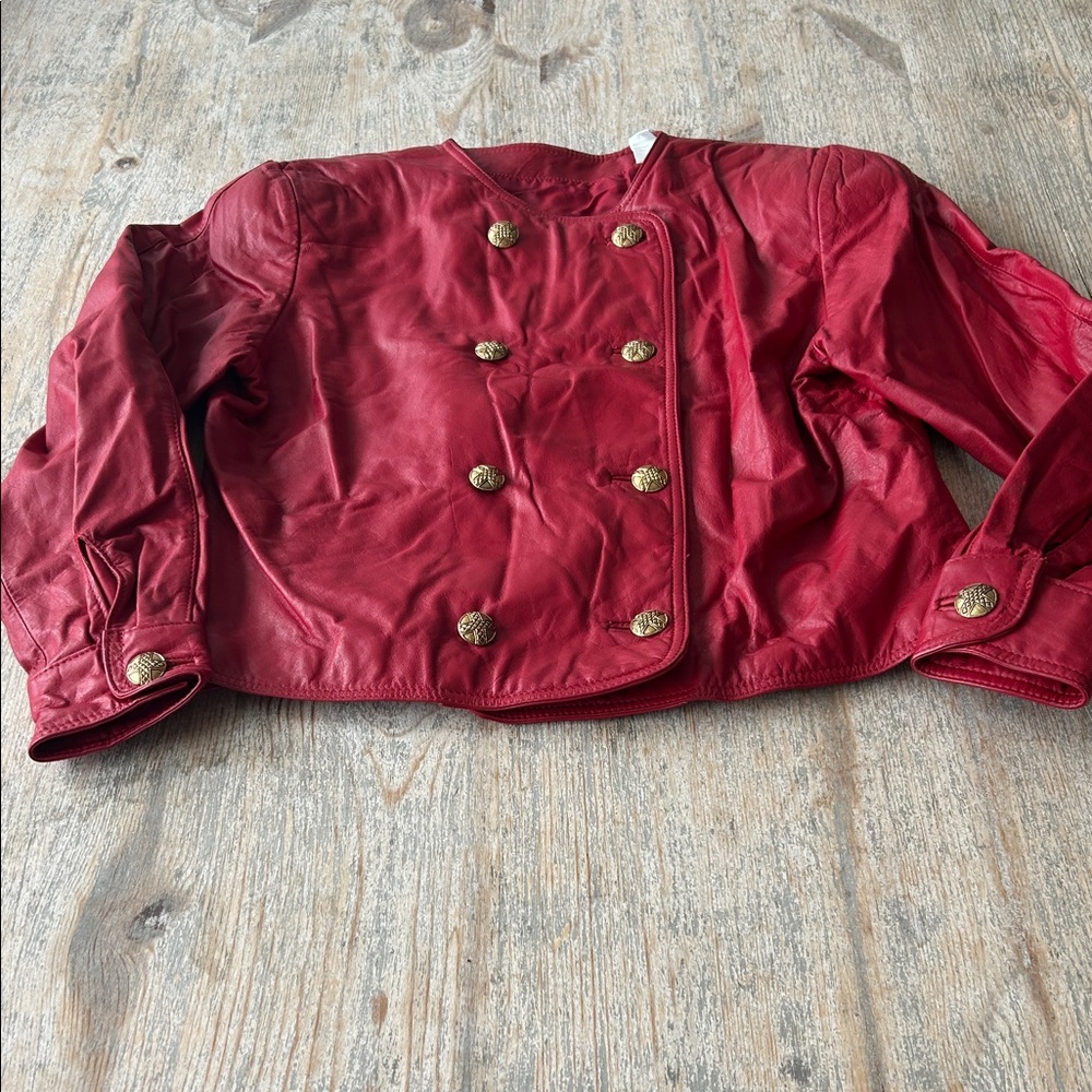 Vintage Leather Red Double-Breasted Jacket with Gold Buttons